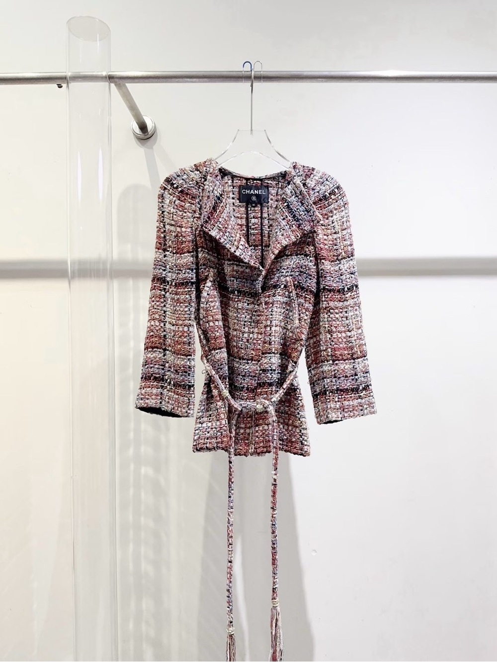 CHANEL Multicolored Tweed Belted Blazer in Pink, Cream & Black